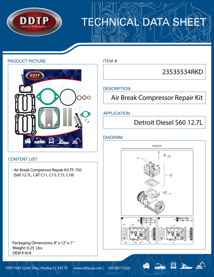 Air Brake Compressor Repair Kit TF-750 Detroit Diesel S60 14L, CAT C11, C13, C15 & C18