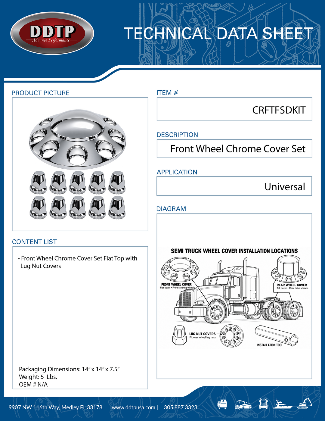 Front Wheel Chrome Cover Set Flat Top with Lug Nut Covers
