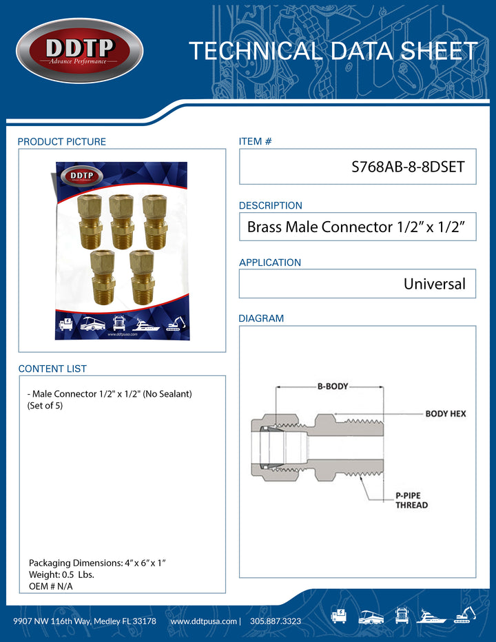 Brass Male Connector 1/2" x 1/2" (No Sealant)(Set of 5)