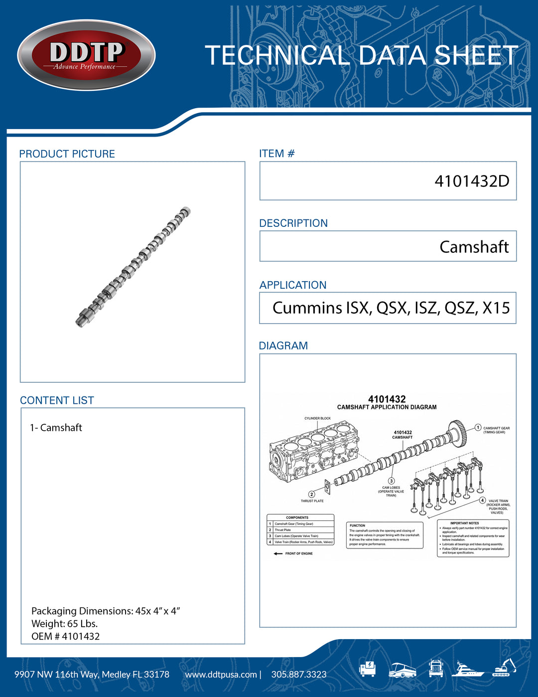 Camshaft for Cummins ISX, QSX, ISZ, QSZ, and X15 (4101432)