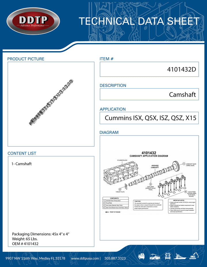 Camshaft for Cummins ISX, QSX, ISZ, QSZ, and X15 (4101432)