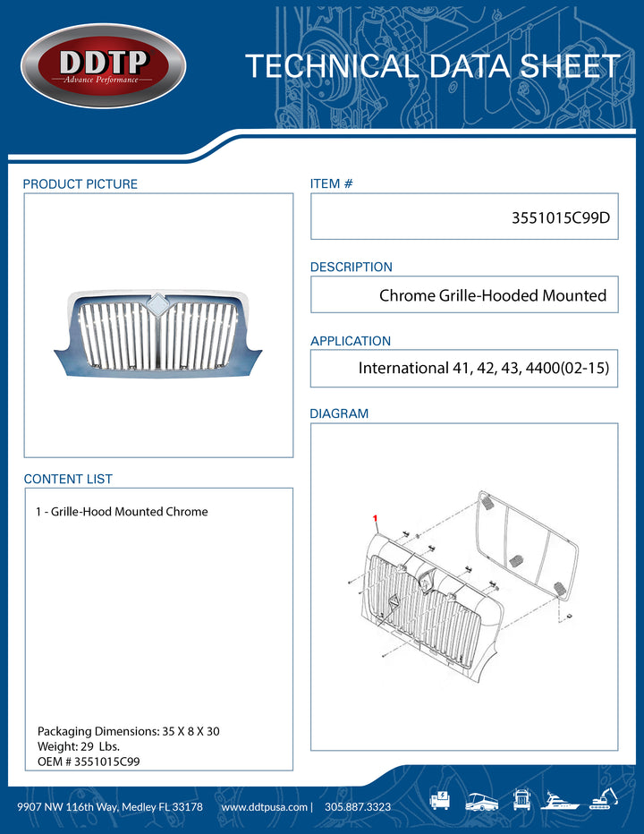 Grille-Hood Mounted Chrome International 41, 42, 43, 4400, 02-15 ( 3551015C99 )