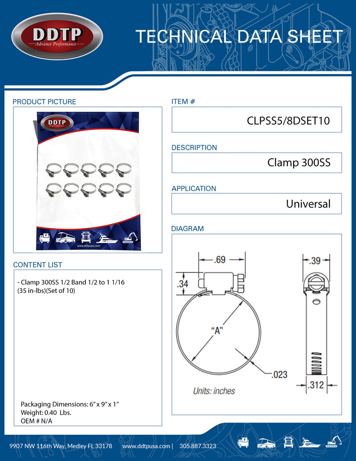 Clamp 300SS 1/2 Band 1/2 to 1 1/16 (35 in-lbs)(Set of 10)