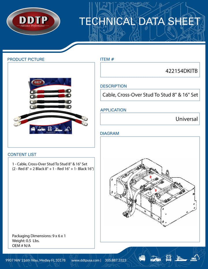 Cable, Cross-Over Stud To Stud 8" & 16" Set 2 - Red 8" + 2 Black 8" + 1 - Red 16" + 1- Black 16" ( 422154DKITB )