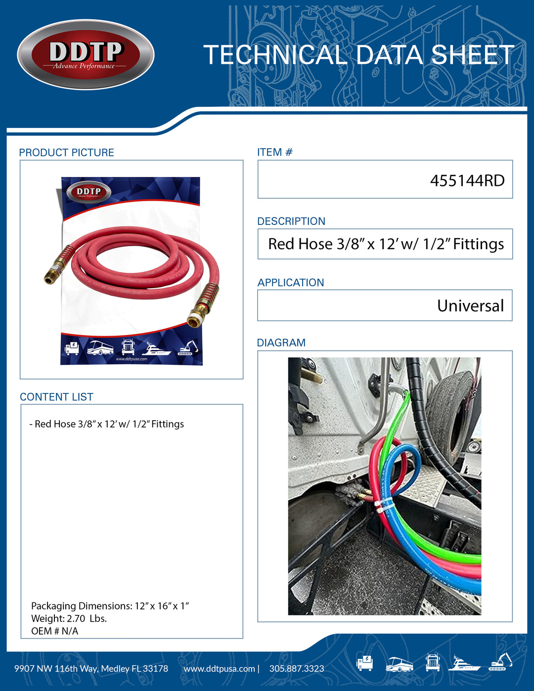 Red Hose 3/8” x 12’ w/ 1/2” Fittings