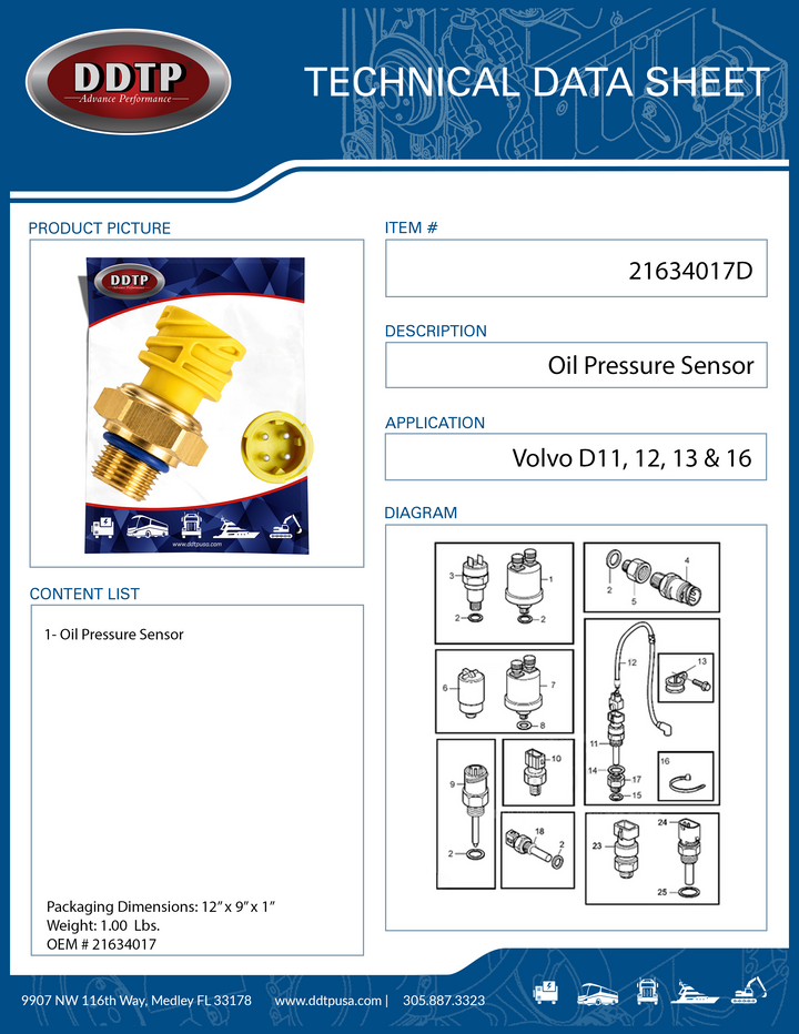 Oil Pressure Sensor Crankcase Volvo D11, D12, D13, D16 (2007-2013)