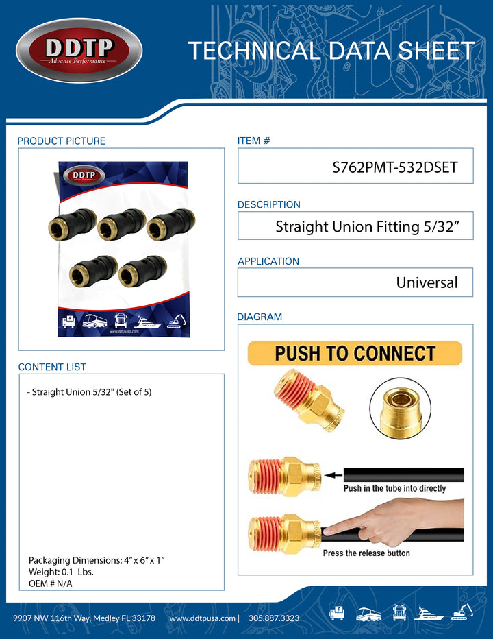 Black Composite Straight Union DOT Push-In 5/32" (Set of 5)