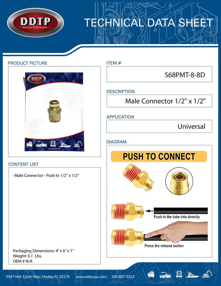 Brass Male Connector - Push In Fitting 1/2" x 1/2"