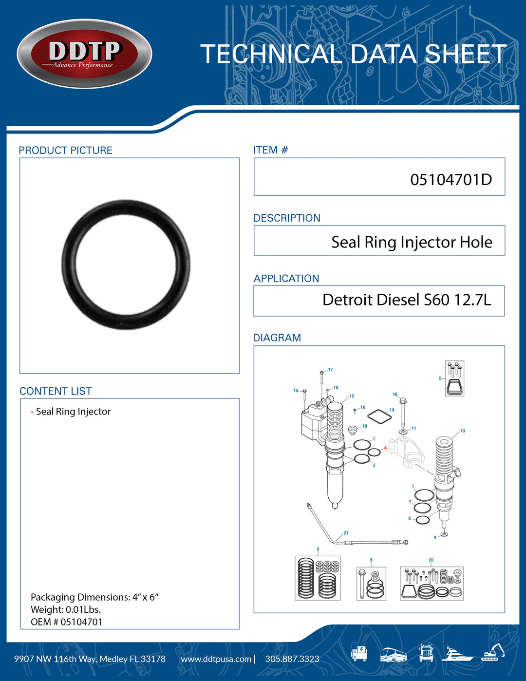 Seal Ring Injector Hole Tube Detroit Diesel S60 12.7L (05104701)