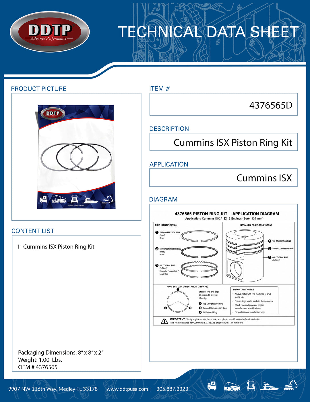 Piston Ring Set for Cummins ISX 15.0L CM2250 | EPA13 Heavy Duty Diesel Engine Replacement Piston Rings (4376565)