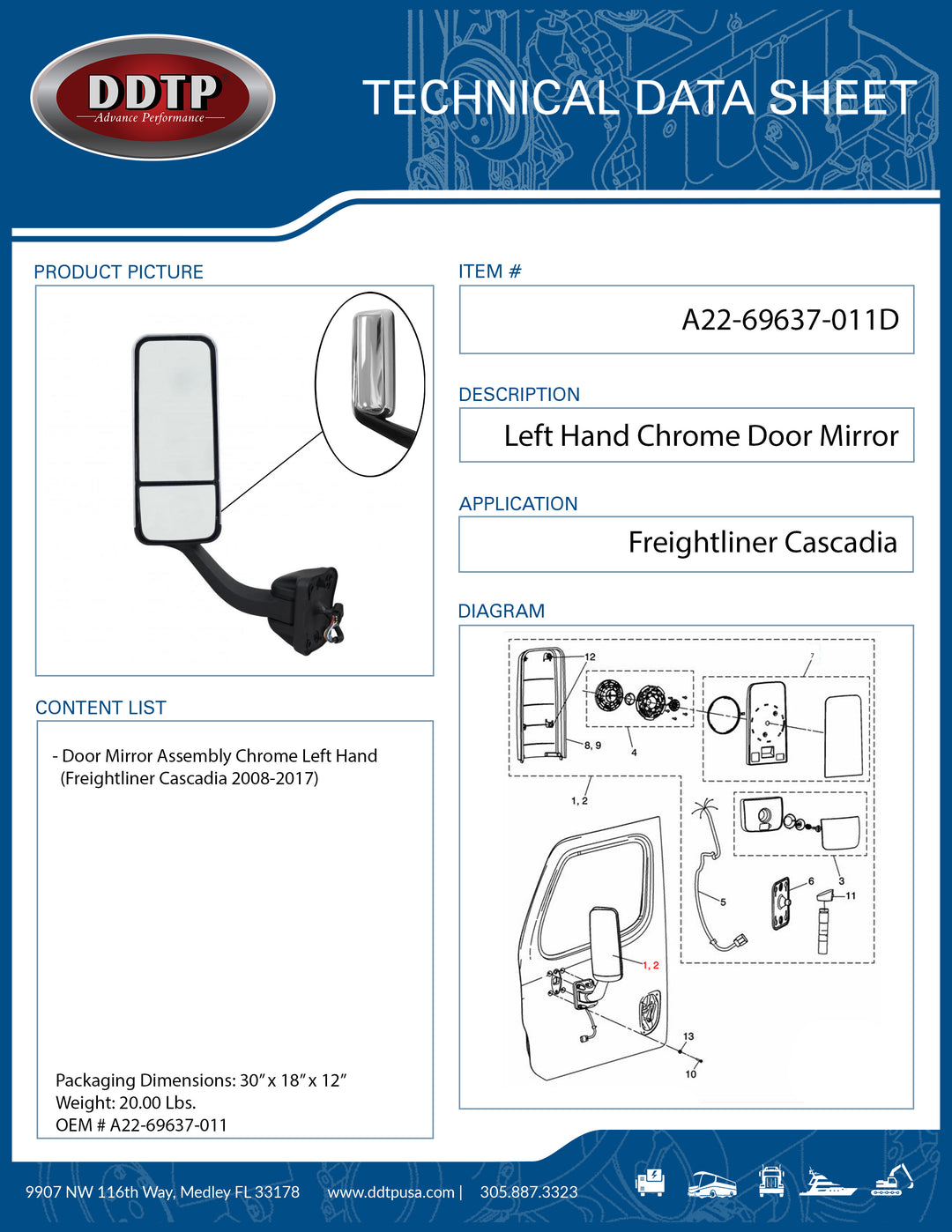 Door Mirror Assembly Chrome Left Hand (Freightliner Cascadia 2008-2017)