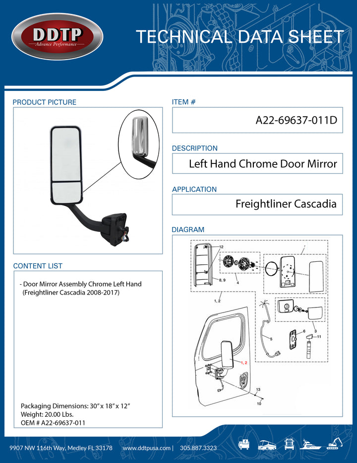 Door Mirror Assembly Chrome Left Hand (Freightliner Cascadia 2008-2017)