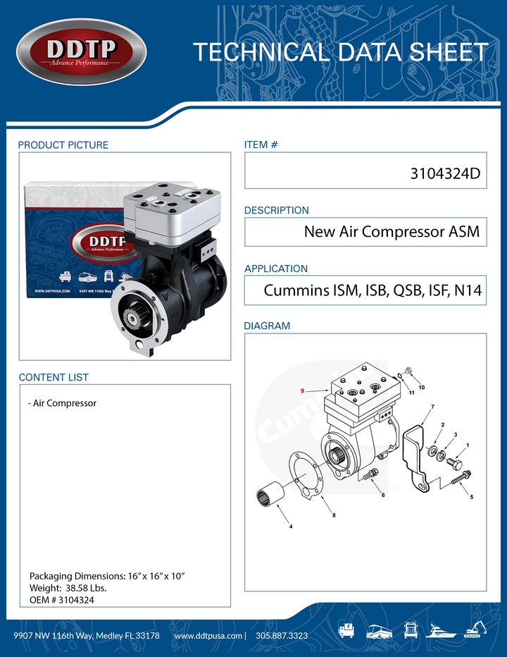 New Air Compressor, Cummins N14, ISM, ISB, QSB, ISF (3104324)