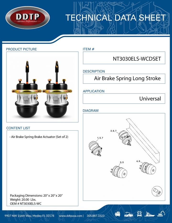 Set of 2 T30/30 Long-Stroke Air Brake Actuators | S-Cam Spring Brake Chambers