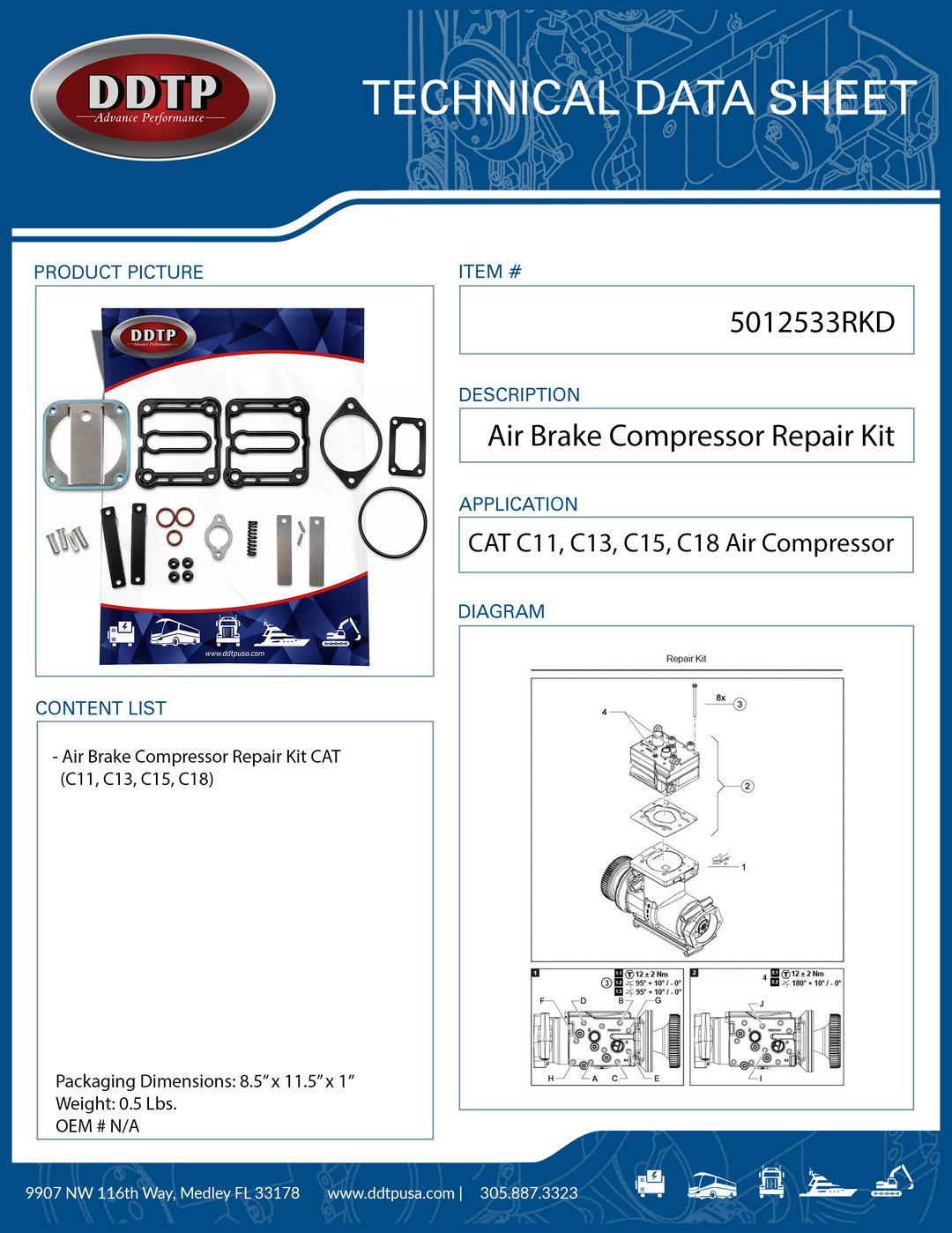 Air Brake Compressor Repair Kit Caterpillar C11, C13, C15, C18