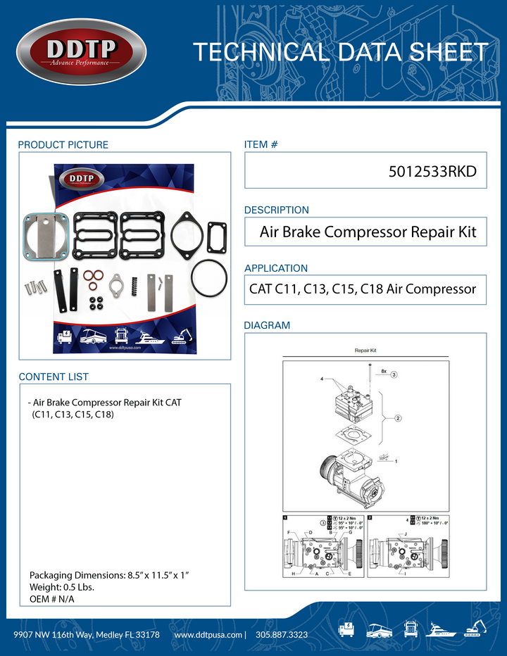 Air Brake Compressor Repair Kit Caterpillar C11, C13, C15, C18