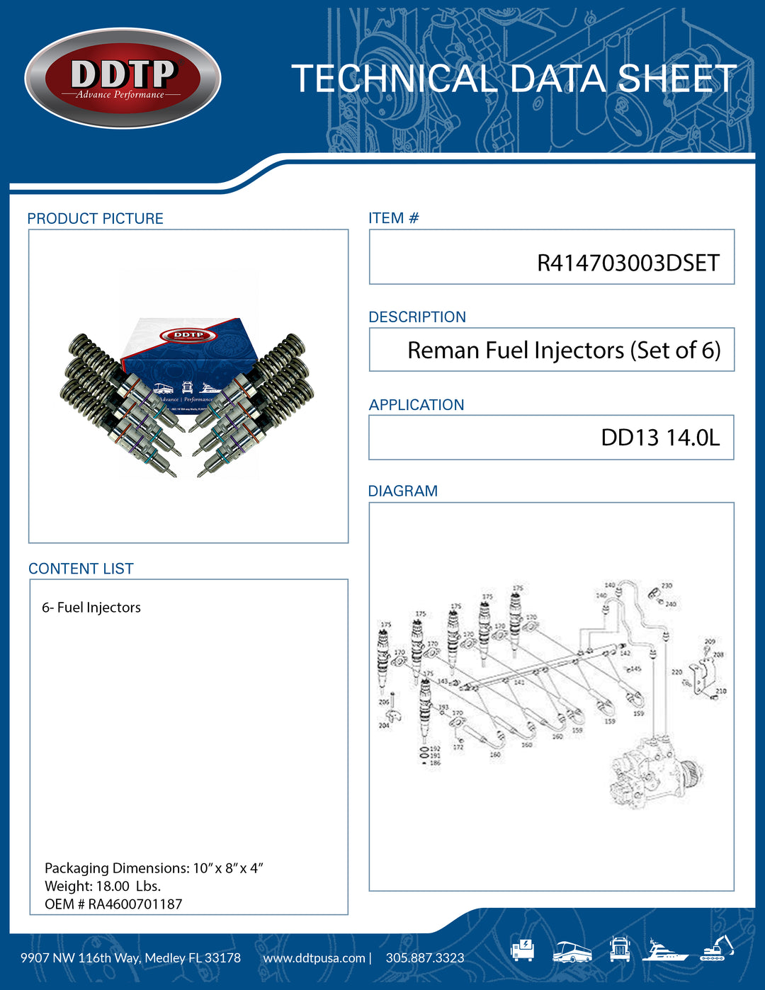 Set of 6 Fuel Injector for Detroit Diesel DD13 14.0L (2002-2011) (R414703003)
