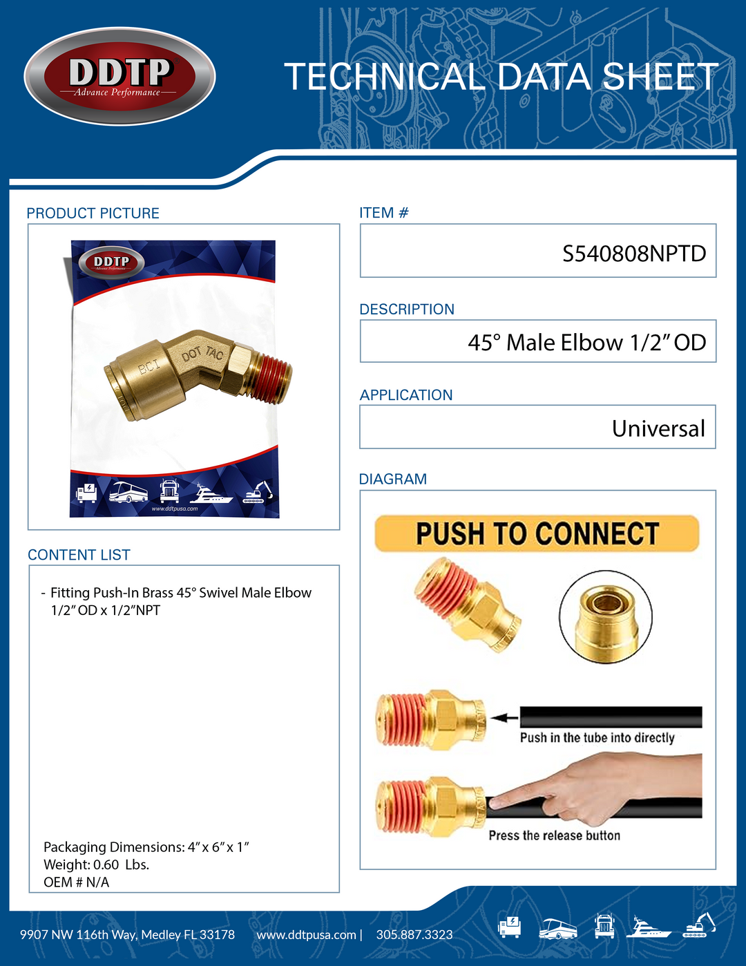 Codo macho de 45° de 1/2" de diámetro exterior x 1/2" NPT