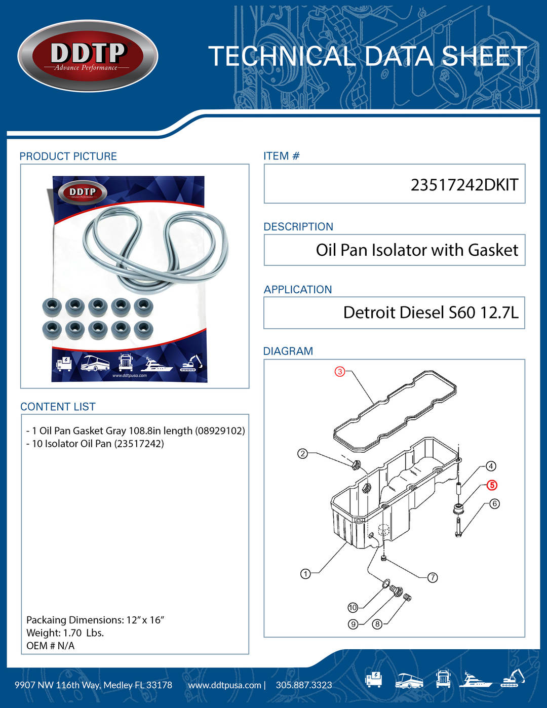 Oil Pan Isolator with Gasket Detroit Diesel S60 12.7L (23517242)