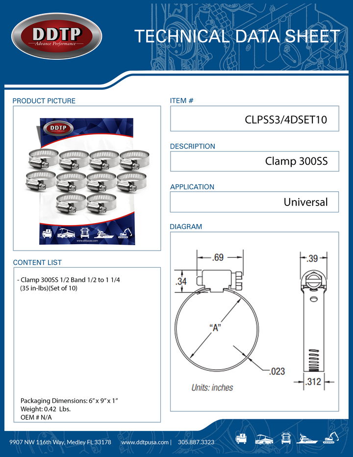 Clamp 300SS 1/2 Band 1/2 to 1 1/4 (35 in-lbs)(Set of 10)