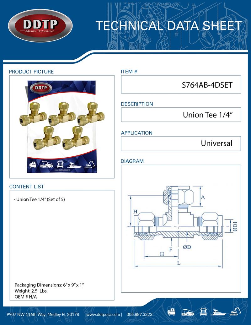 Brass Union Tee Fitting 1/4" (Set of 5)