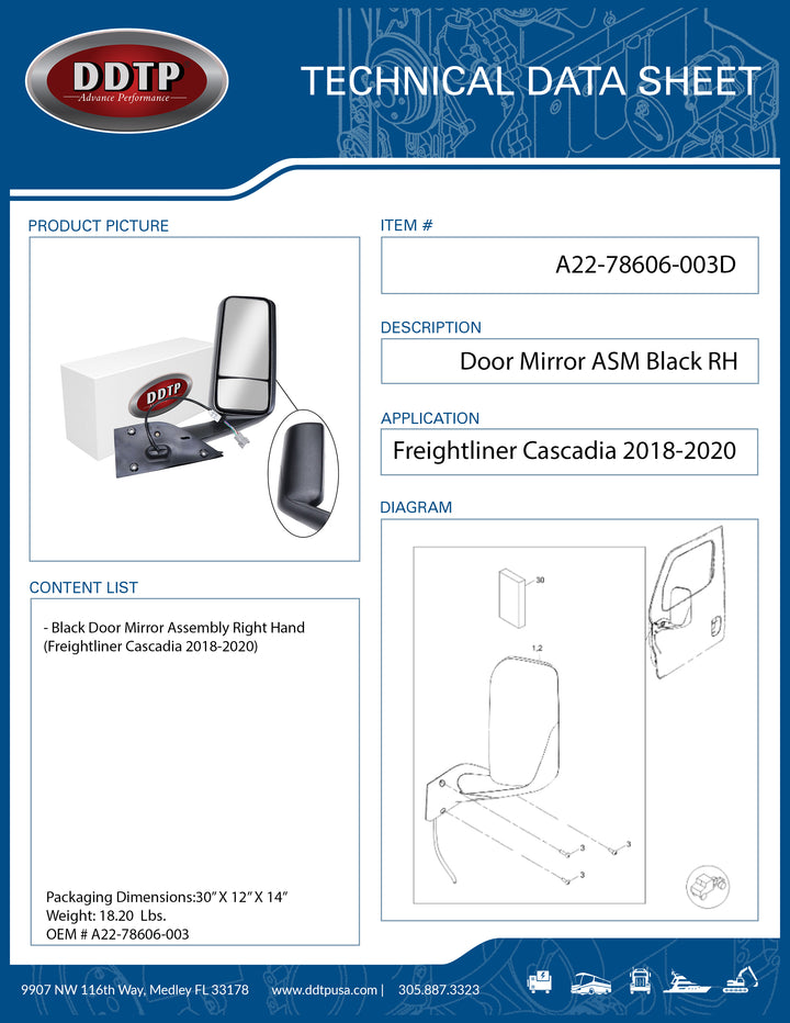 Black Door Mirror Assembly Right Hand Freightliner Cascadia 2018-2020
