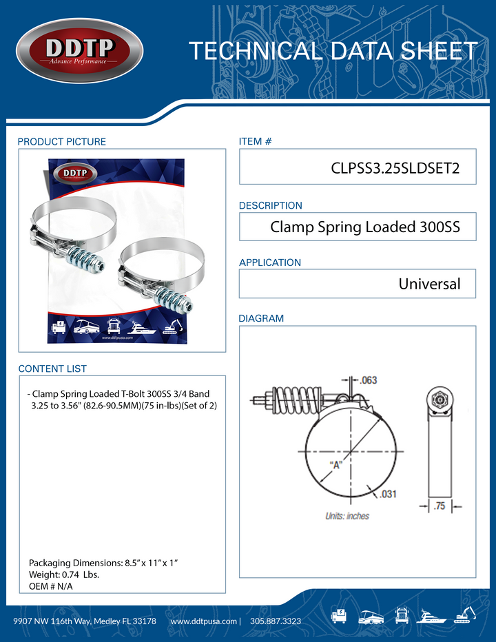 Clamp Spring Loaded T-Bolt 300SS 3/4 Band 3.25 to 3.56" (82.6-90.5MM)(75 in-lbs)(Set of 2)