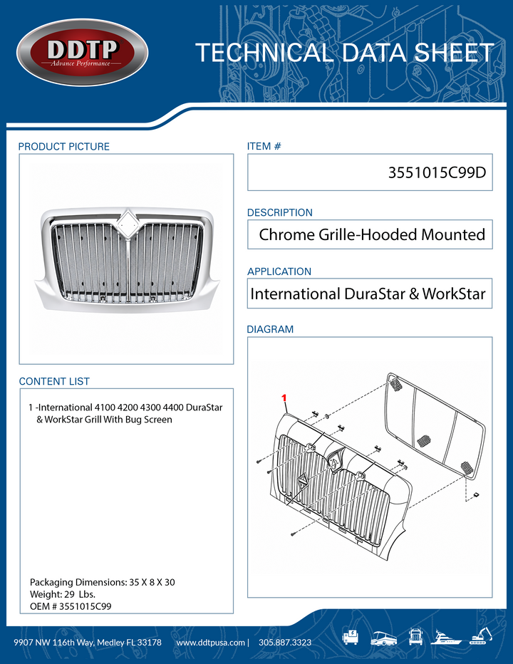 Grille-Hood Mounted Chrome International DuraStar & WorkStar