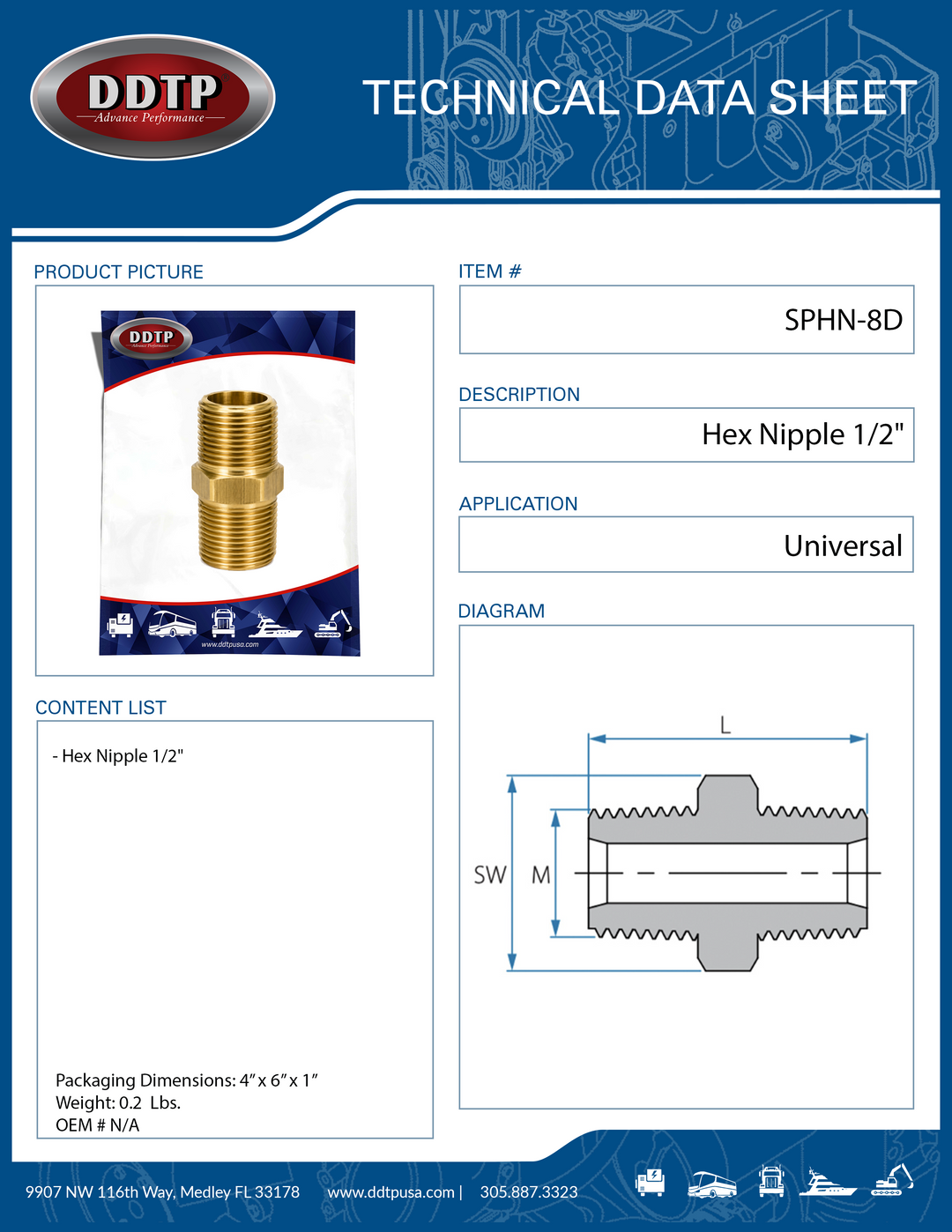 Brass Hex Nipple Fitting 1/2" x 1/2"