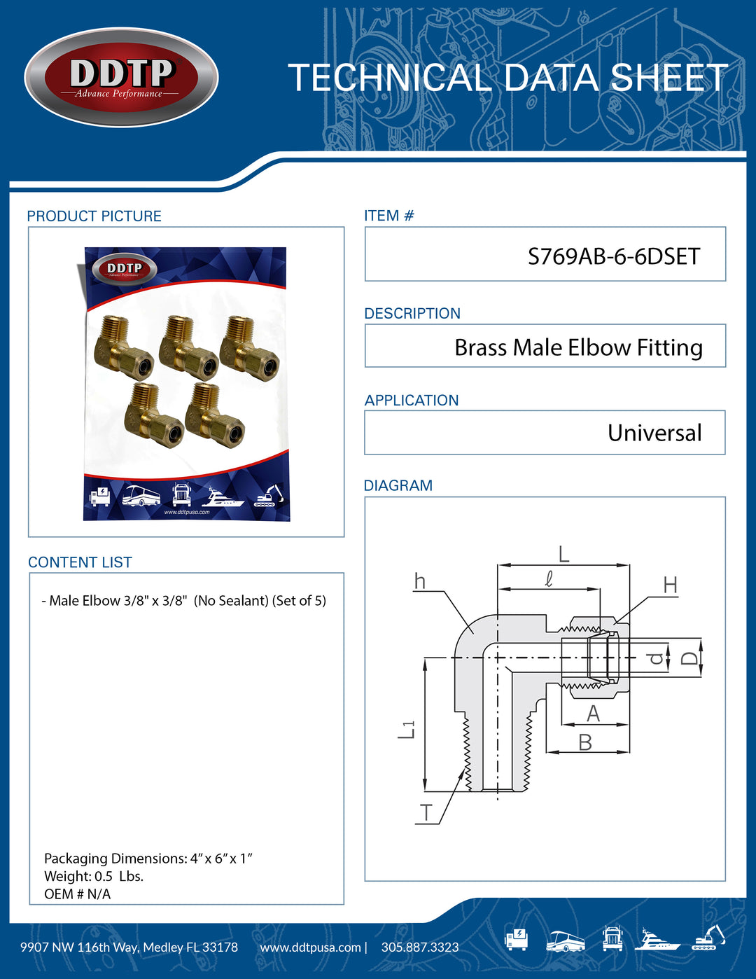 Codo macho de latón de 3/8" x 3/8" (sin sellador) (juego de 5)