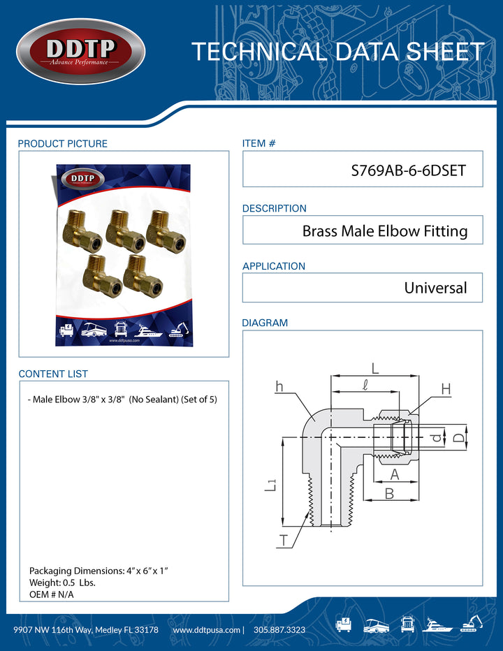 Codo macho de latón de 3/8" x 3/8" (sin sellador) (juego de 5)