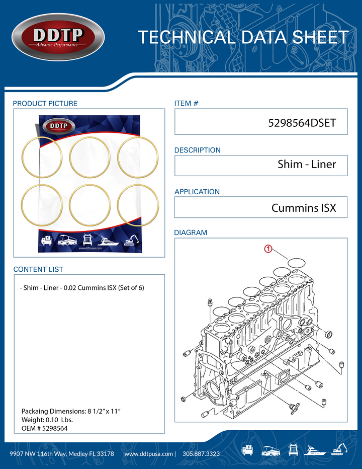 Shim - Liner - 0.020 Cummins ISX (Set of 6)