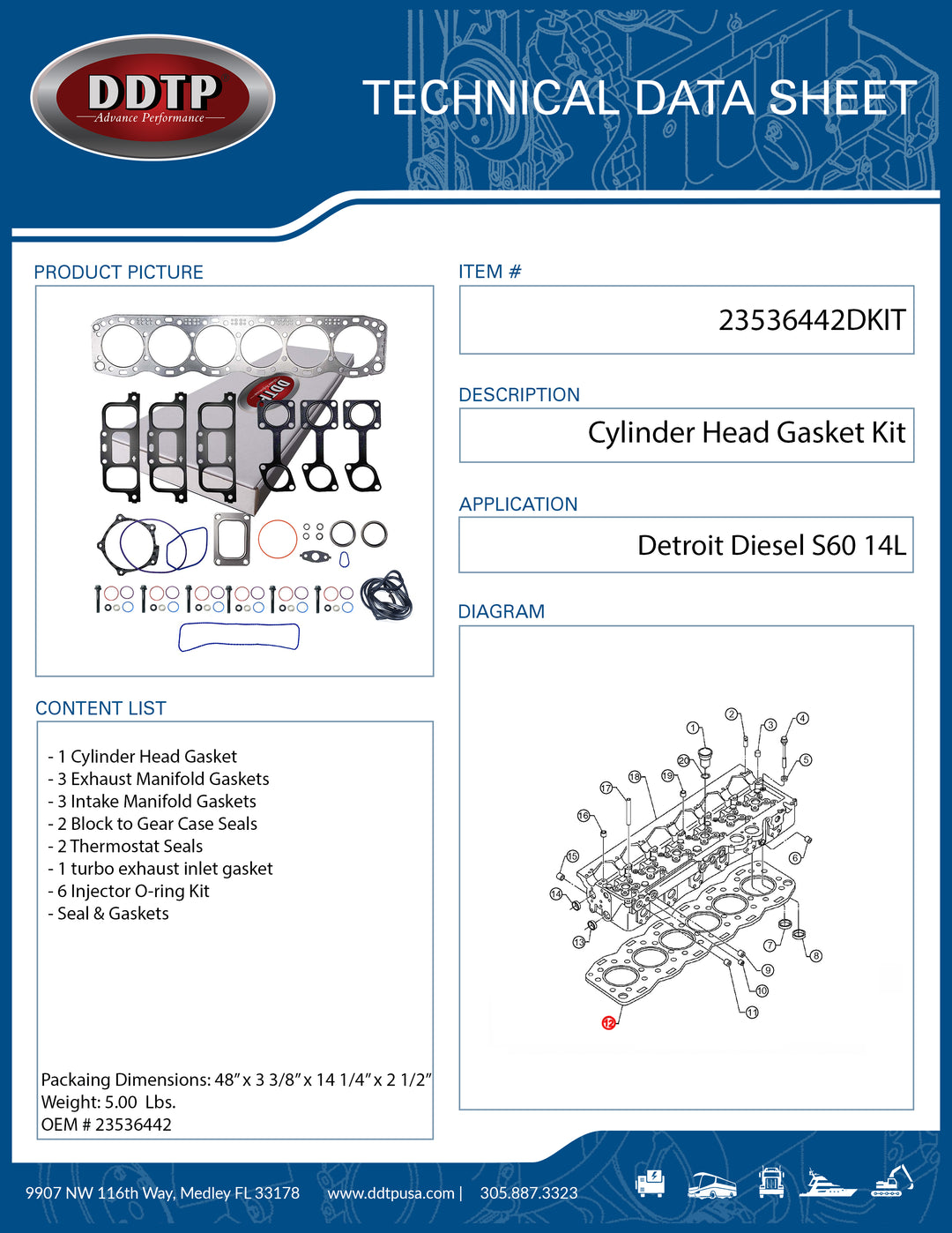 Gasket Kit Head with Injector Seal Kit (6 Pack) and Valve Cover Gasket S60 14L (23536442)