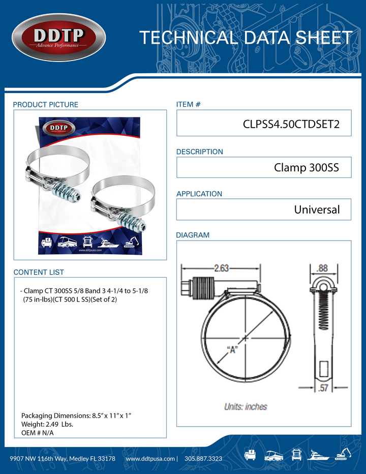 Clamp CT 300SS 5/8 Band 3 4-1/4 to 5-1/8 (75 in-lbs)(CT 500 L SS)(Set of 2)
