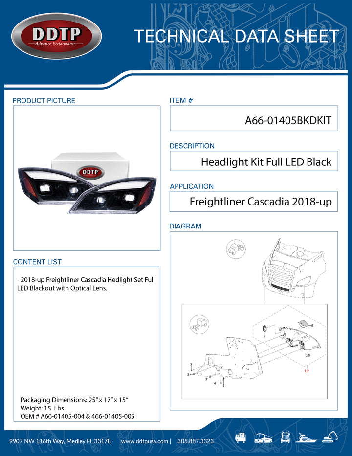 Set of 2 LH & RH Head Lamp LED with Optical Lens Black  Cascadia 2018-up (A66-01405-004 & A66-01405-005)