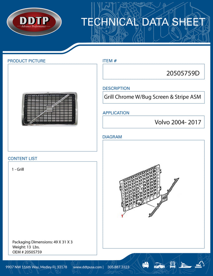 Grille Grill Chrome w/Bug Screen & Stripe Volvo VNL 2004-2017 ( 20505759 )