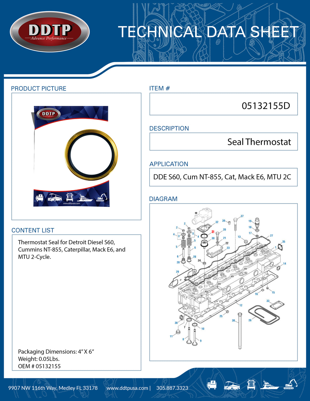 Seal Thermostat for DDE S60, Cum NT-855, Cat, Mack E6, MTU 2C (05132155)