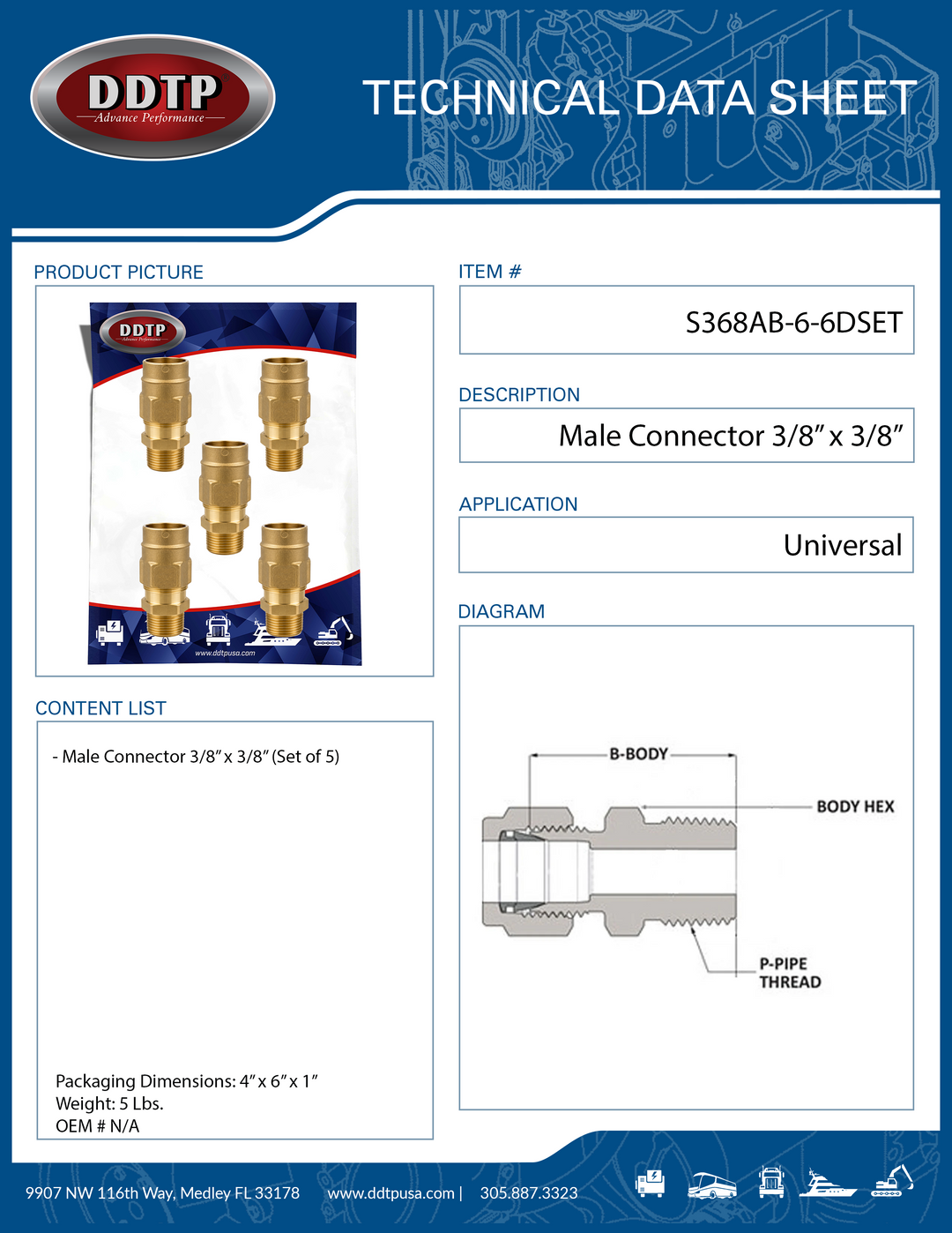 Conector macho de latón de 3/8" x 3/8" (juego de 5)