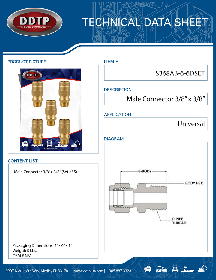 Conector macho de latón de 3/8" x 3/8" (juego de 5)