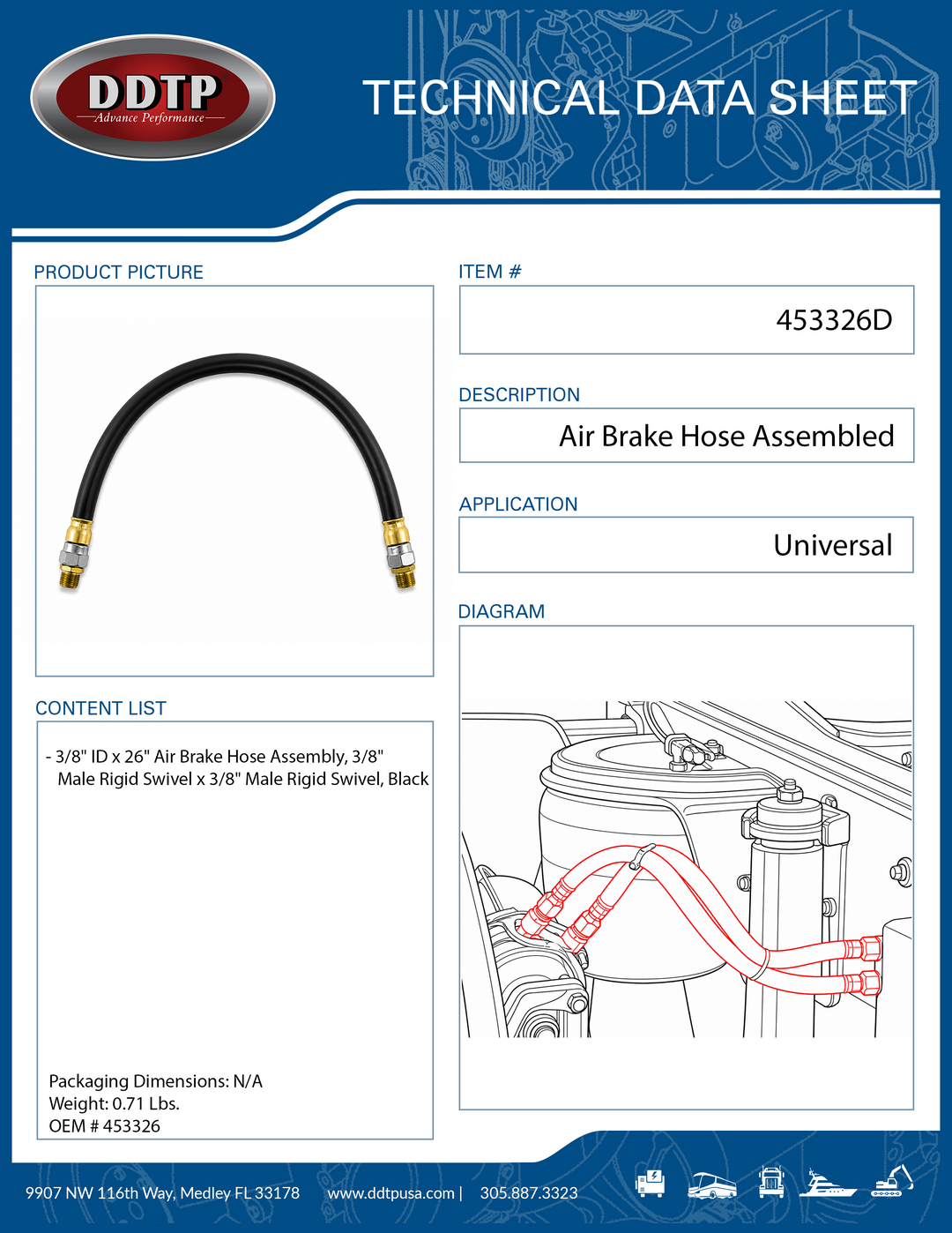 3/8" ID x 26" Air Brake Hose Assembly, 3/8" Male Rigid Swivel x 3/8" Male Rigid Swivel, Black