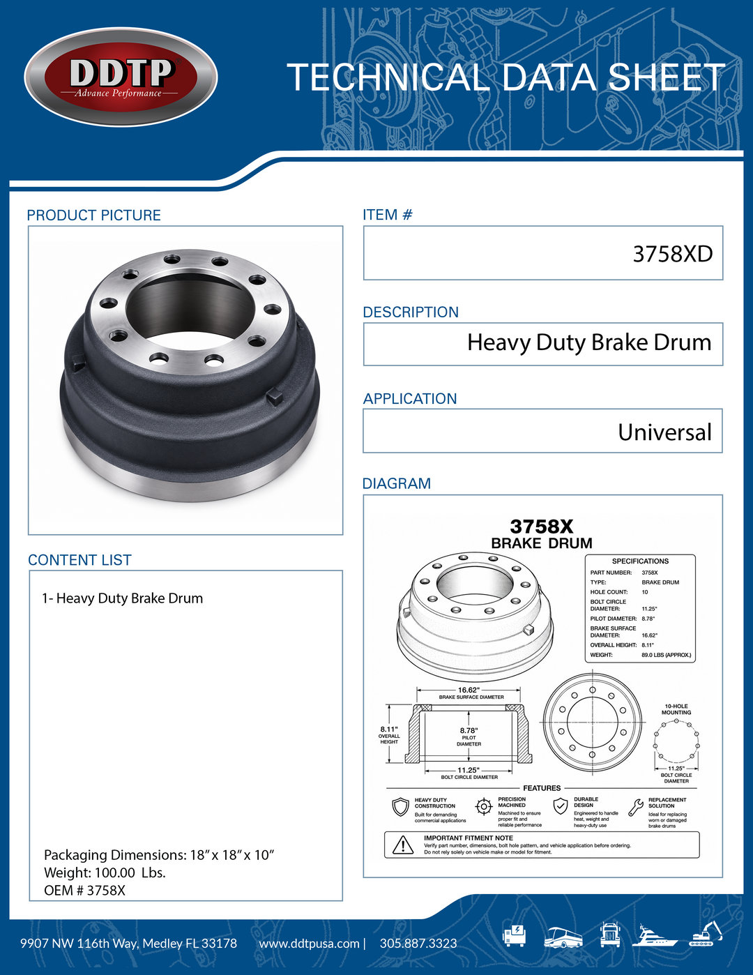 Heavy Duty Brake Drum | Commercial Truck Brake Drum Replacement | Precision Machined | 10-Hole Mounting