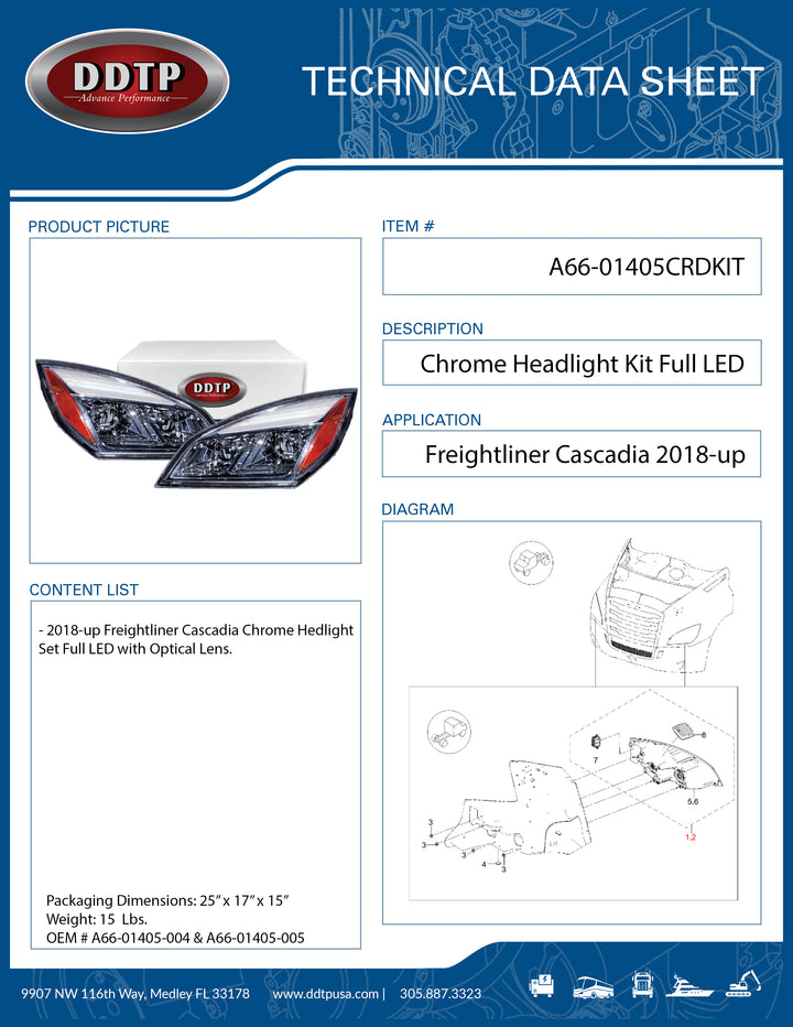 Set of 2 Chrome Head Assembly Lamp LED with Optical Lens Freightliner Cascadia 2018-up (A66-01405-004 & A66-01405-005)