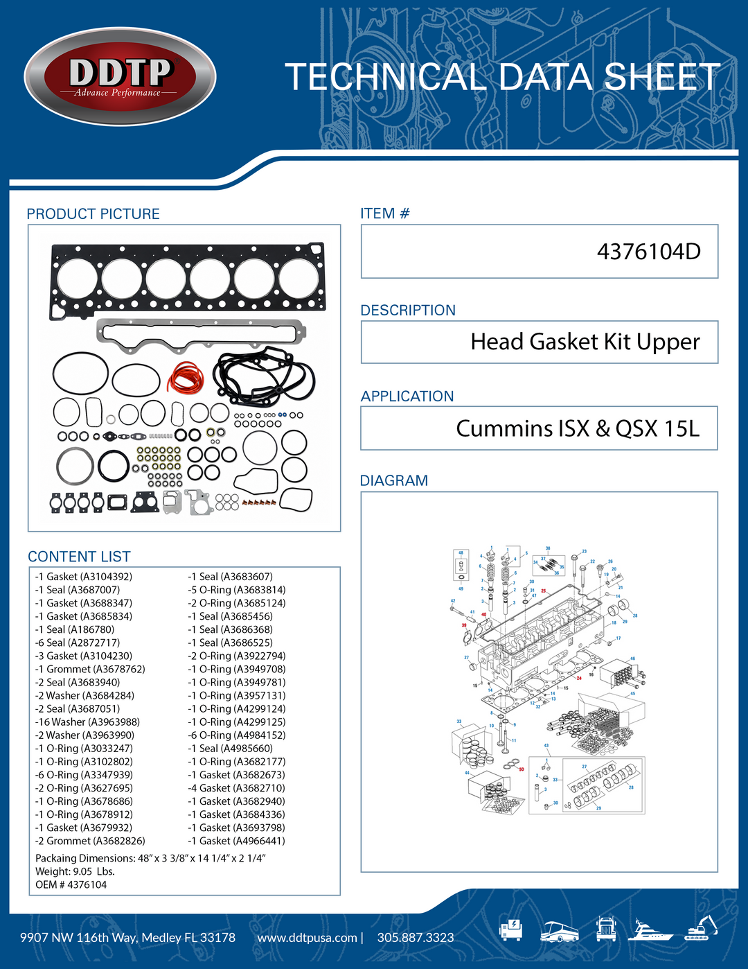 Cylinder Head Gasket Kit Upper Single overhead Camshaft Cummins ISX & QSX 15L