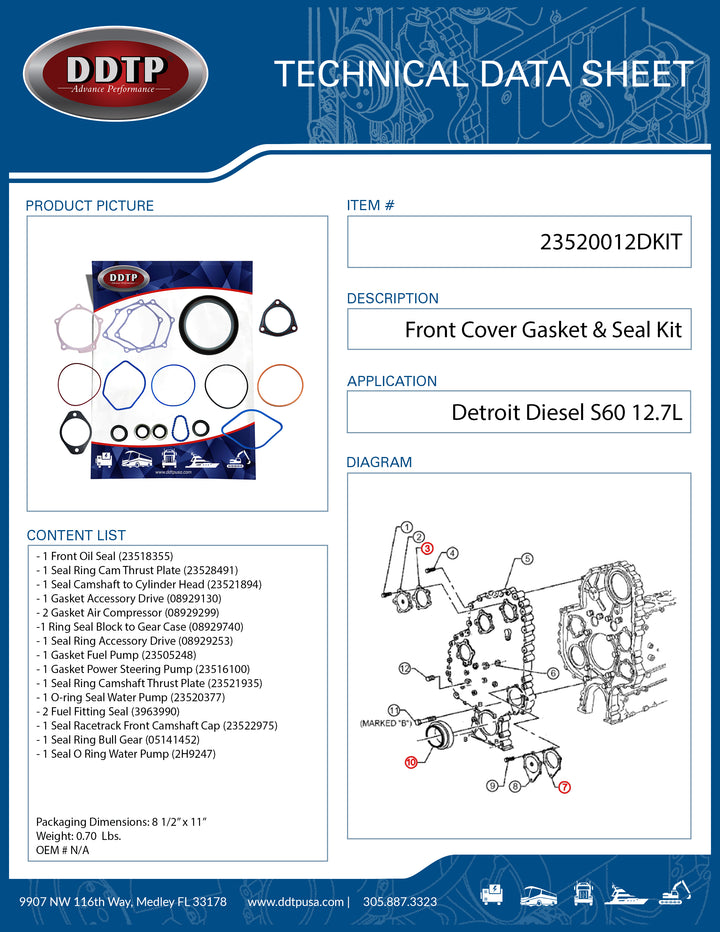 Complete Front Cover Gasket & Seal Kit for Detroit Diesel S60 12.7L
