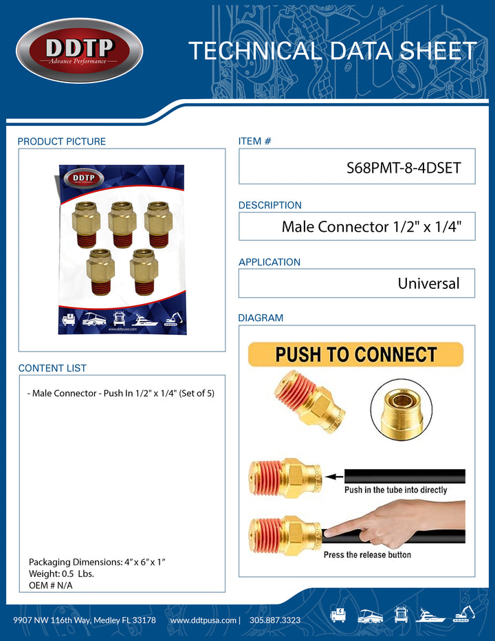 Brass Male Connector - Push In 1/2" x 1/4" (Set of 5)