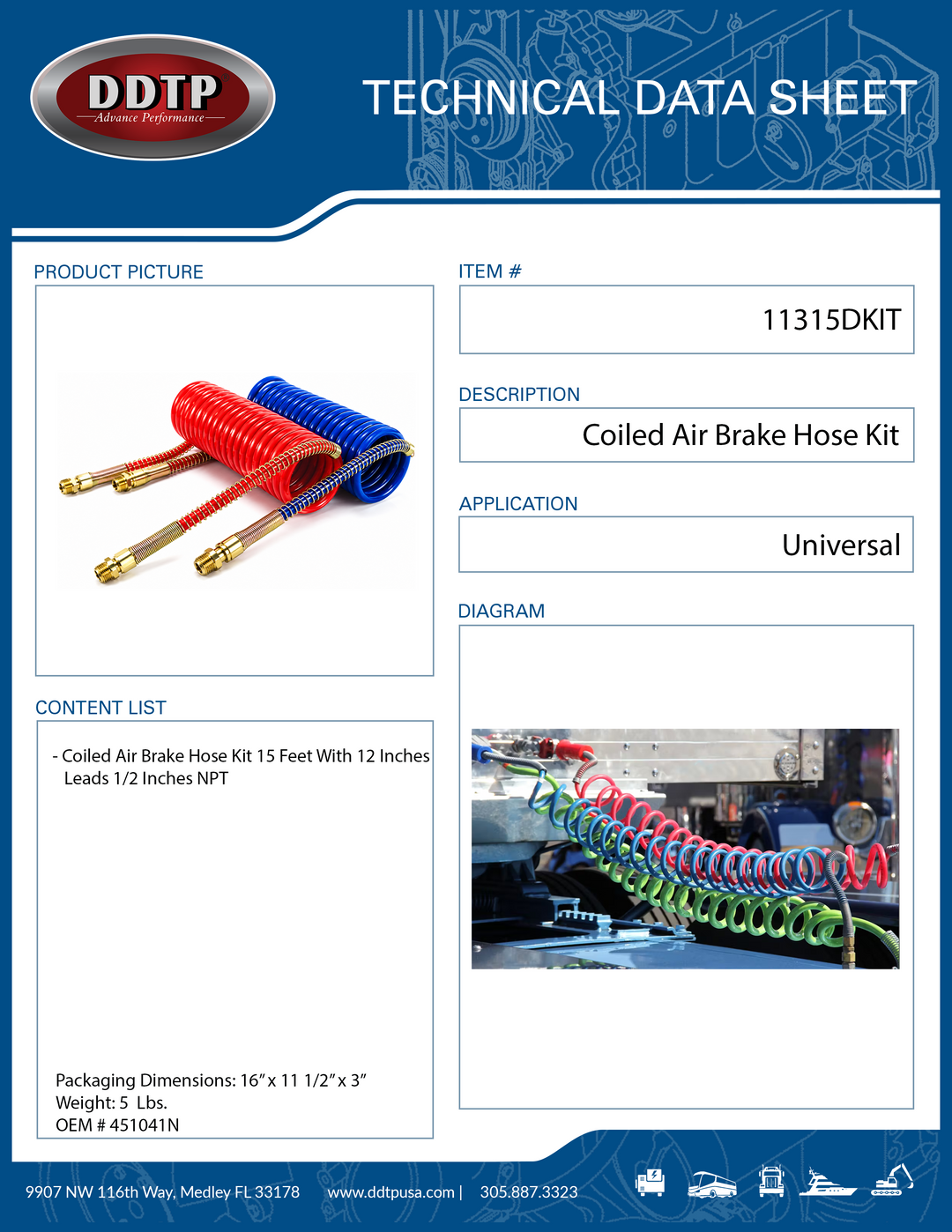 15FT Coiled Air Brake Line Set 1/2" NPT, 12" Leads (Red & Blue)