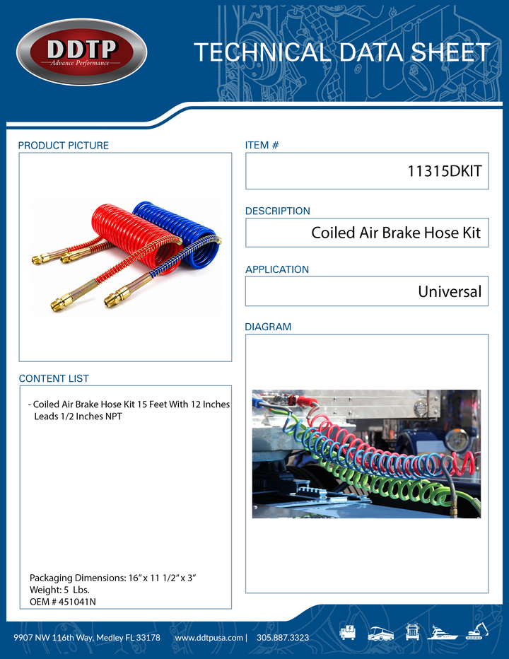 15FT Coiled Air Brake Line Set 1/2" NPT, 12" Leads (Red & Blue)