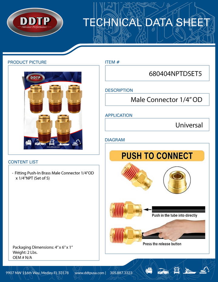 Conector macho de 1/4" de diámetro exterior x 1/4" NPT (juego de 5)