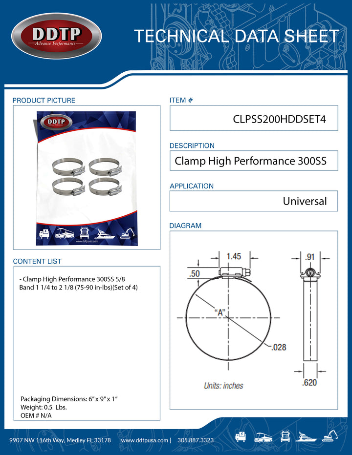 Clamp High Performance 300SS 5/8 Band 1 1/4 to 2 1/8 (75-90 in-lbs)(Set of 4)
