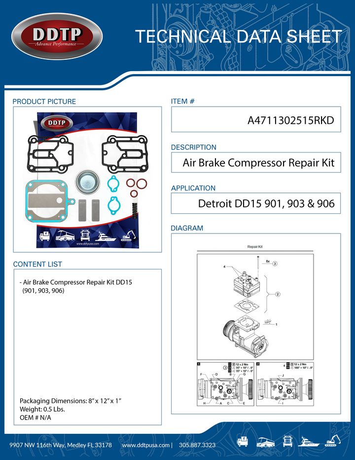 Air Brake Compressor Repair Kit Detroit Diesel DD15 901, 903 & 906